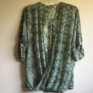 Jennifer Lopez Green/Gray Snakeskin Crossover Mesh Blouse Top, size 1X
